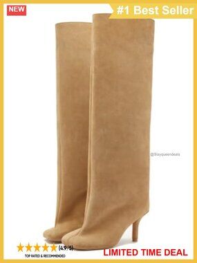 Faux Suede Knee High Heeled Boots Wide Calf Square Toe Pull On